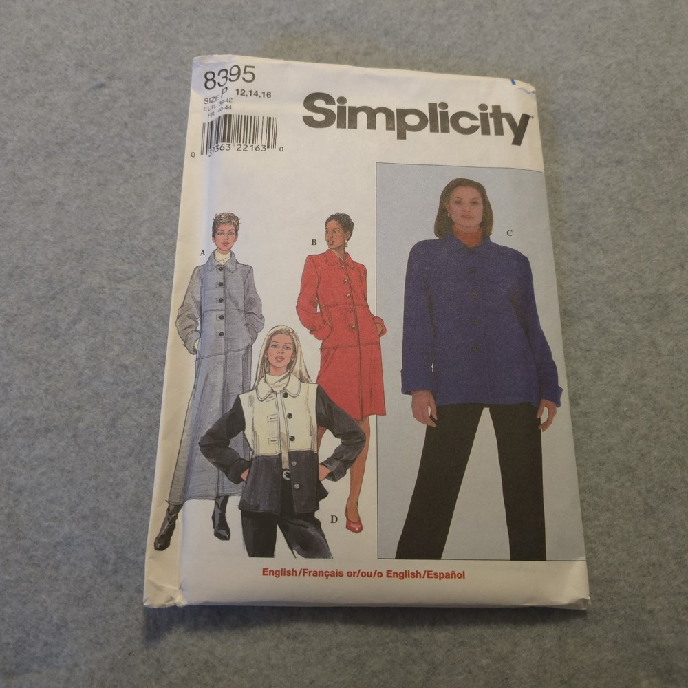 Vintage 1998 Simplicity 8395 Misses Coat & Jacket Sewing Pattern Sizes 12-16...